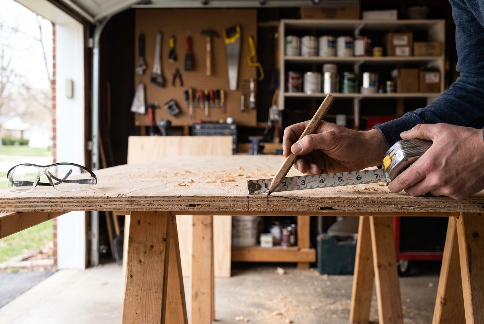 Hands marking a 4-inch strip on a plywood sheet with a tape measure and pencil