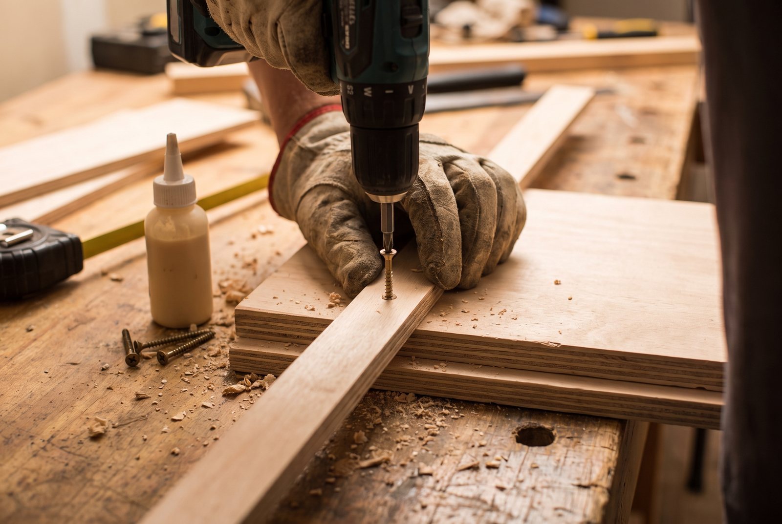 Drill driving a countersunk screw through a plywood rail into the jig base