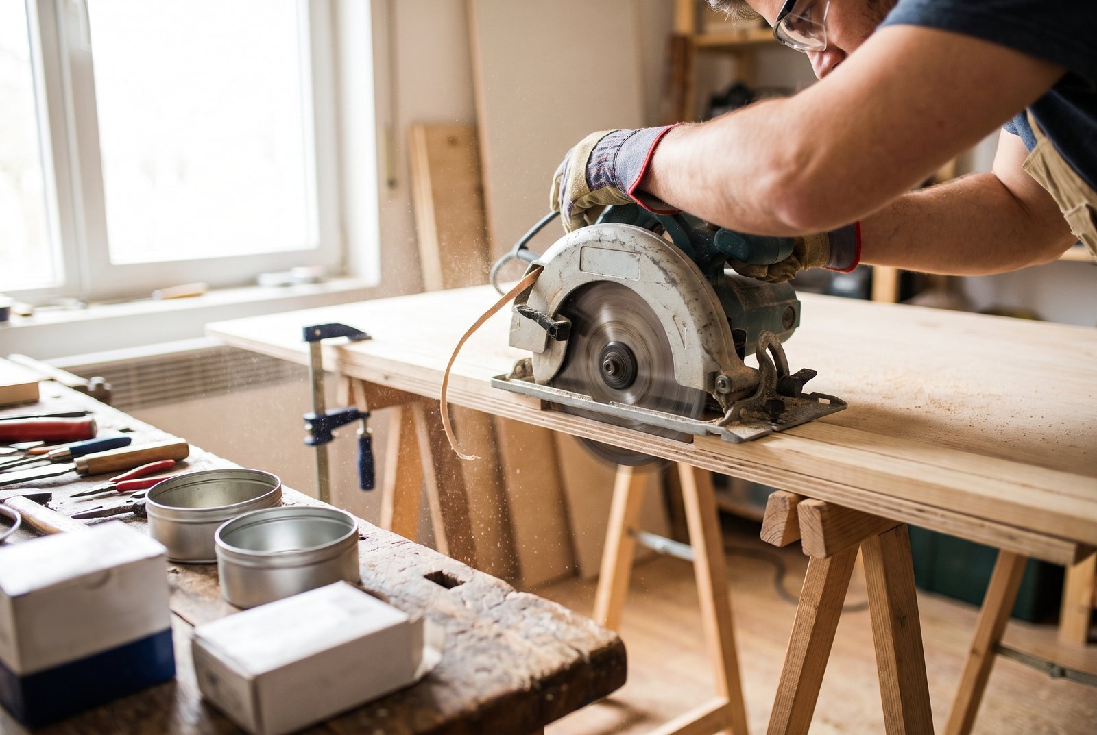 Circular saw trimming the zero-clearance edge of a plywood track saw jig