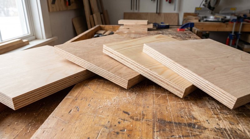 Four different 3/4-inch plywood samples fanned out on a workshop bench showing face grain and edge layers