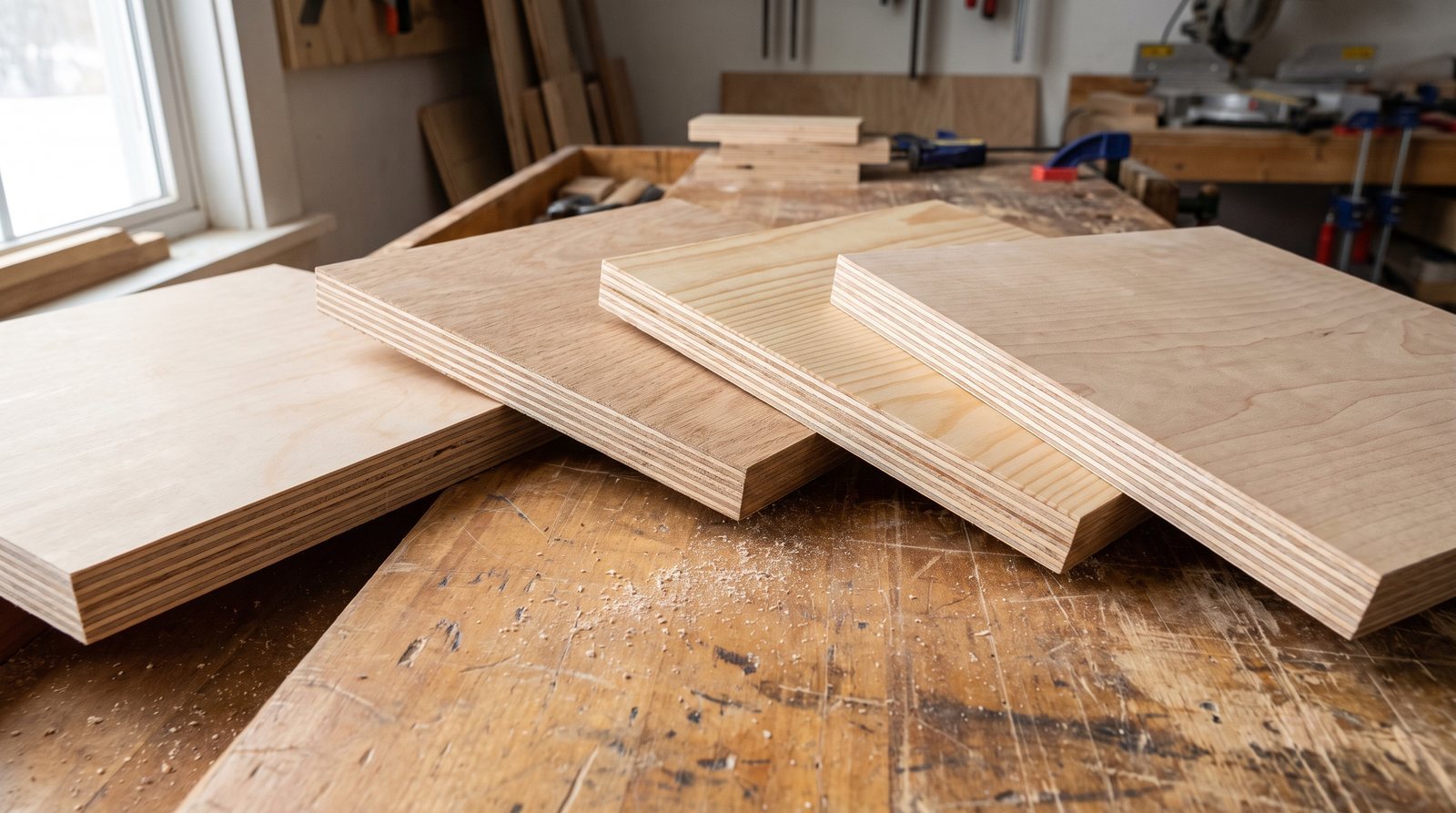 Four different 3/4-inch plywood samples fanned out on a workshop bench showing face grain and edge layers