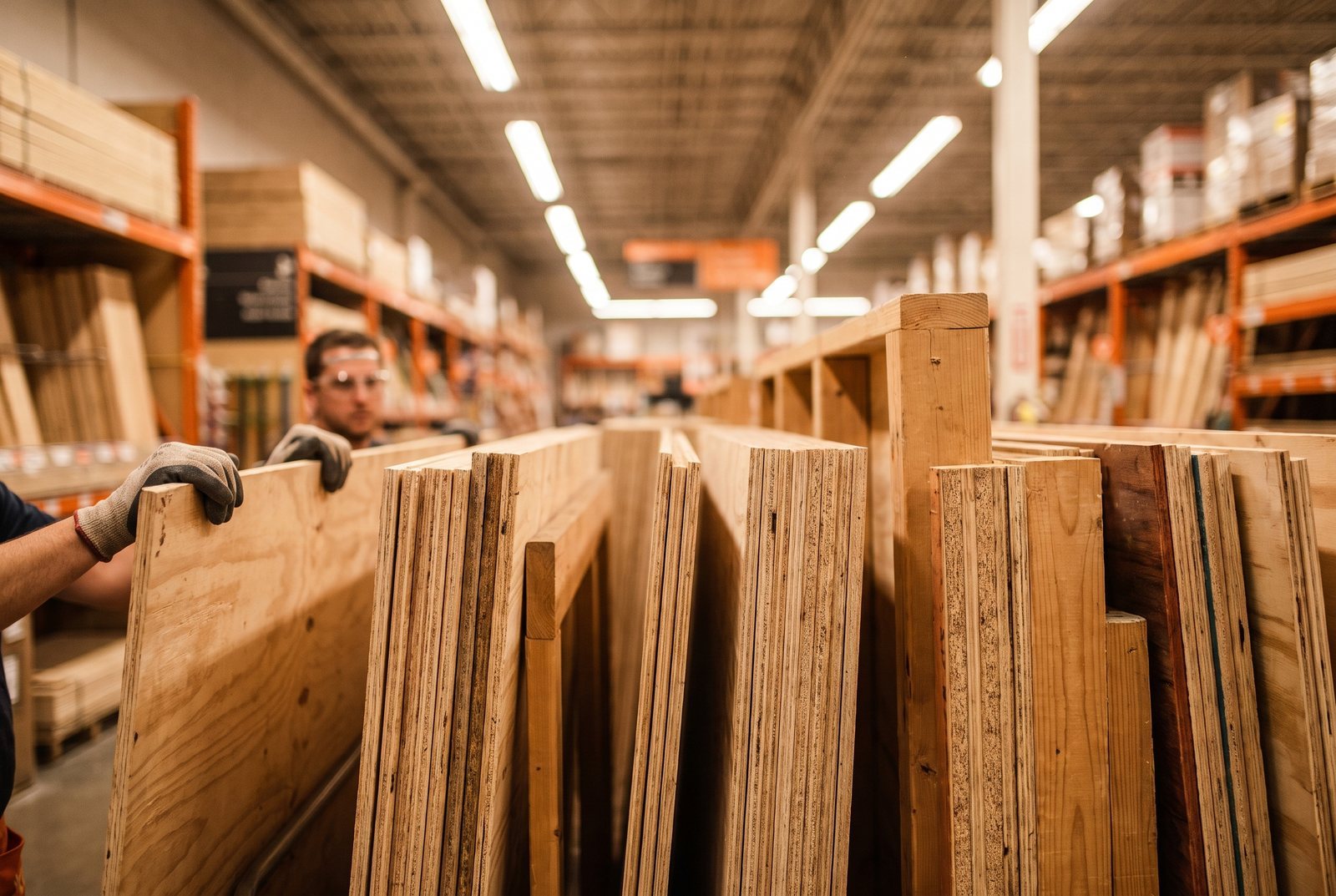 Stacks of 4x8 plywood sheets standing in racks at a home improvement store lumber aisle
