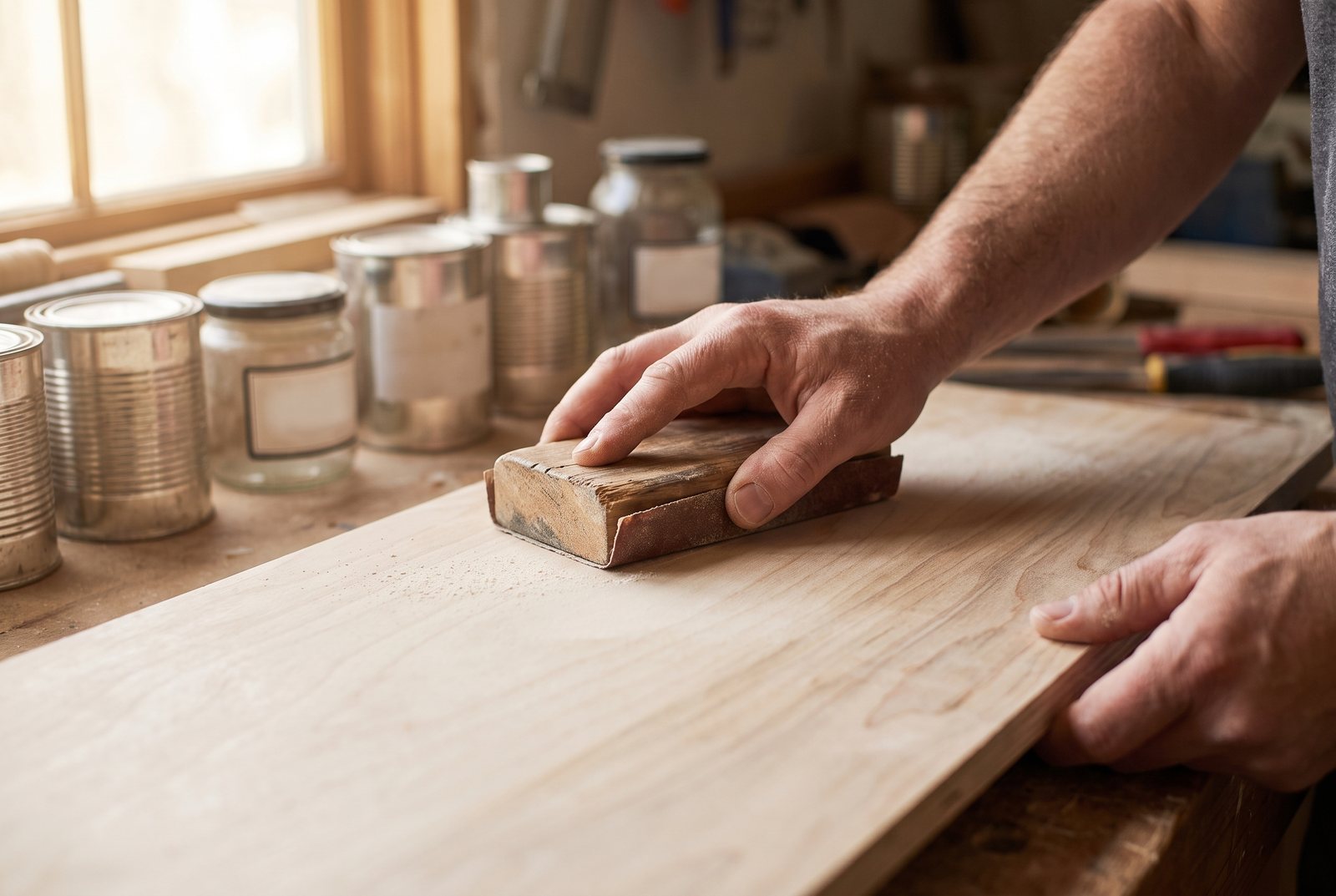 Hands sanding the face of a birch plywood panel with a sanding block on a workbench