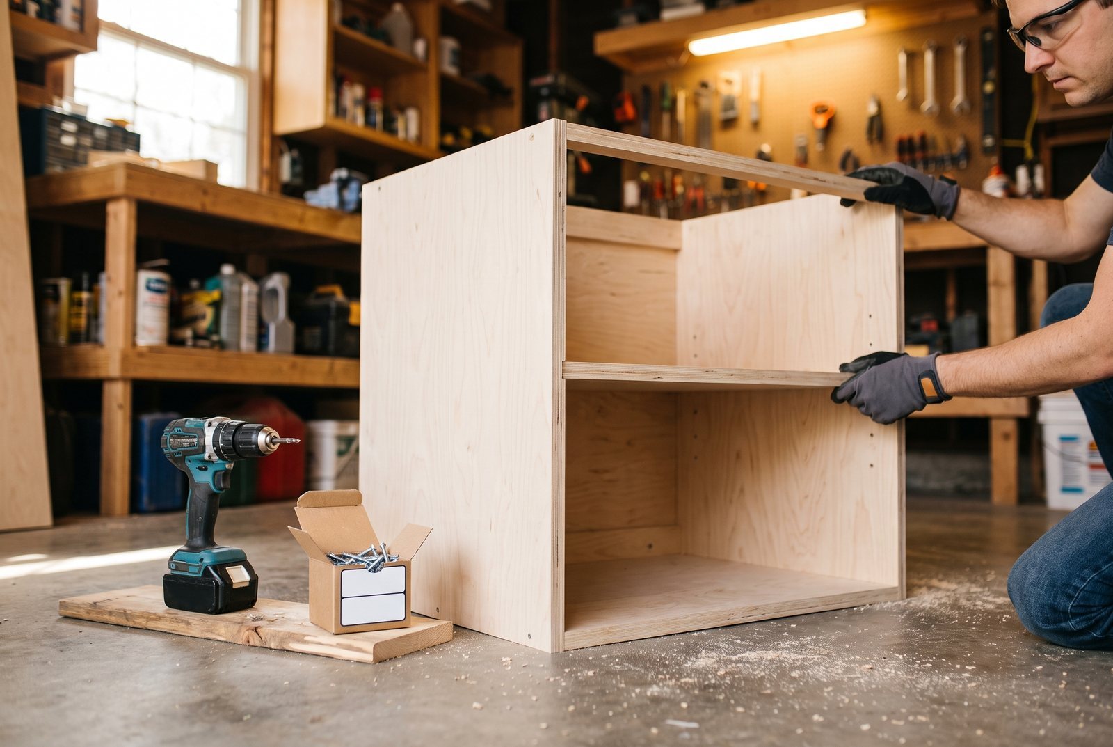 Partially assembled plywood cabinet box on a garage floor with a drill and screws nearby