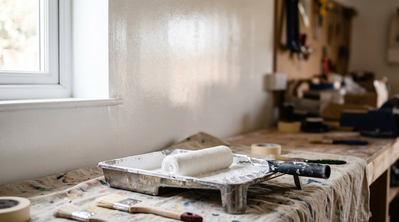 Foam paint roller resting in a tray beside a freshly painted white wall with a wet sheen