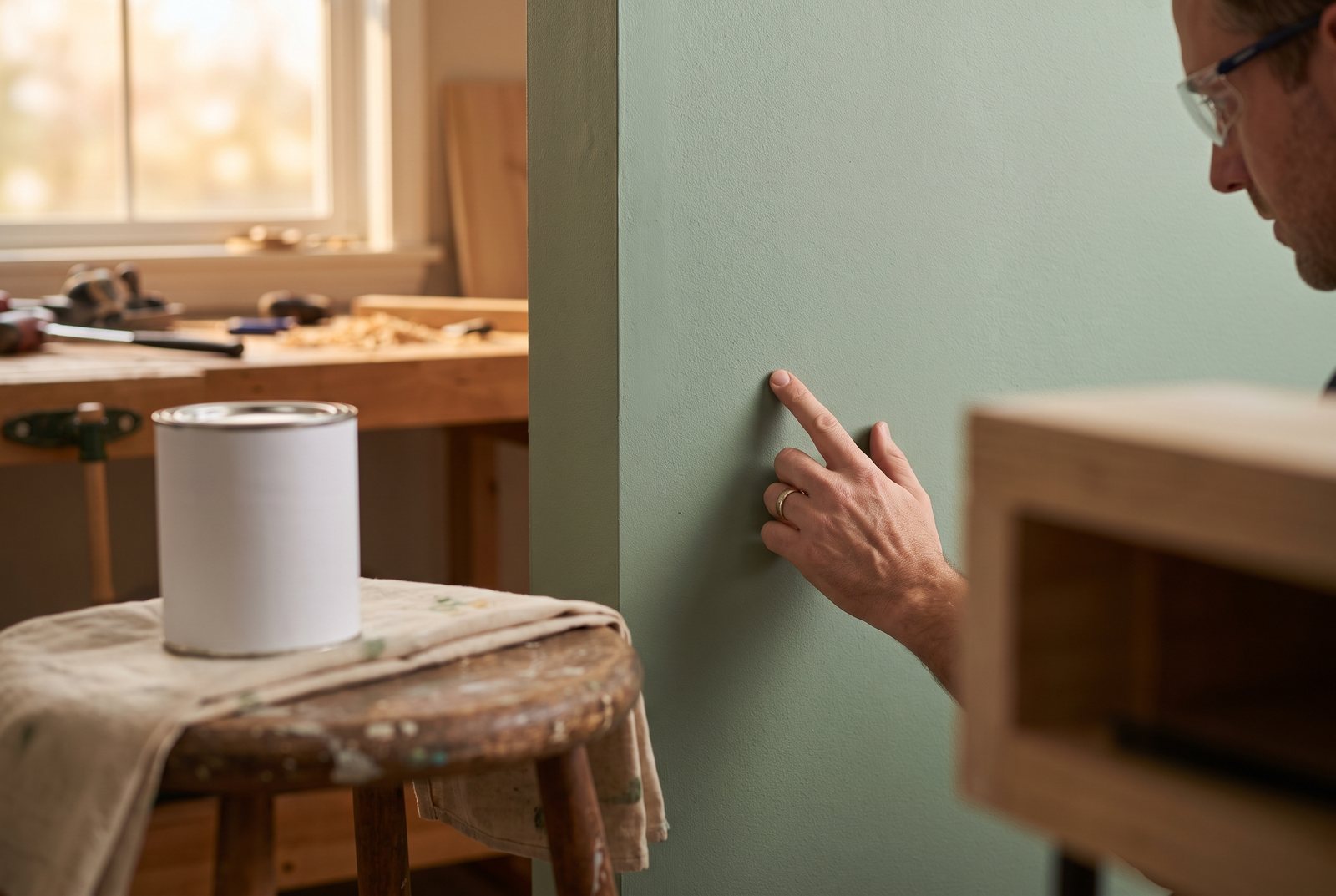 Fingertip touching a sage green painted wall to check if the surface is dry