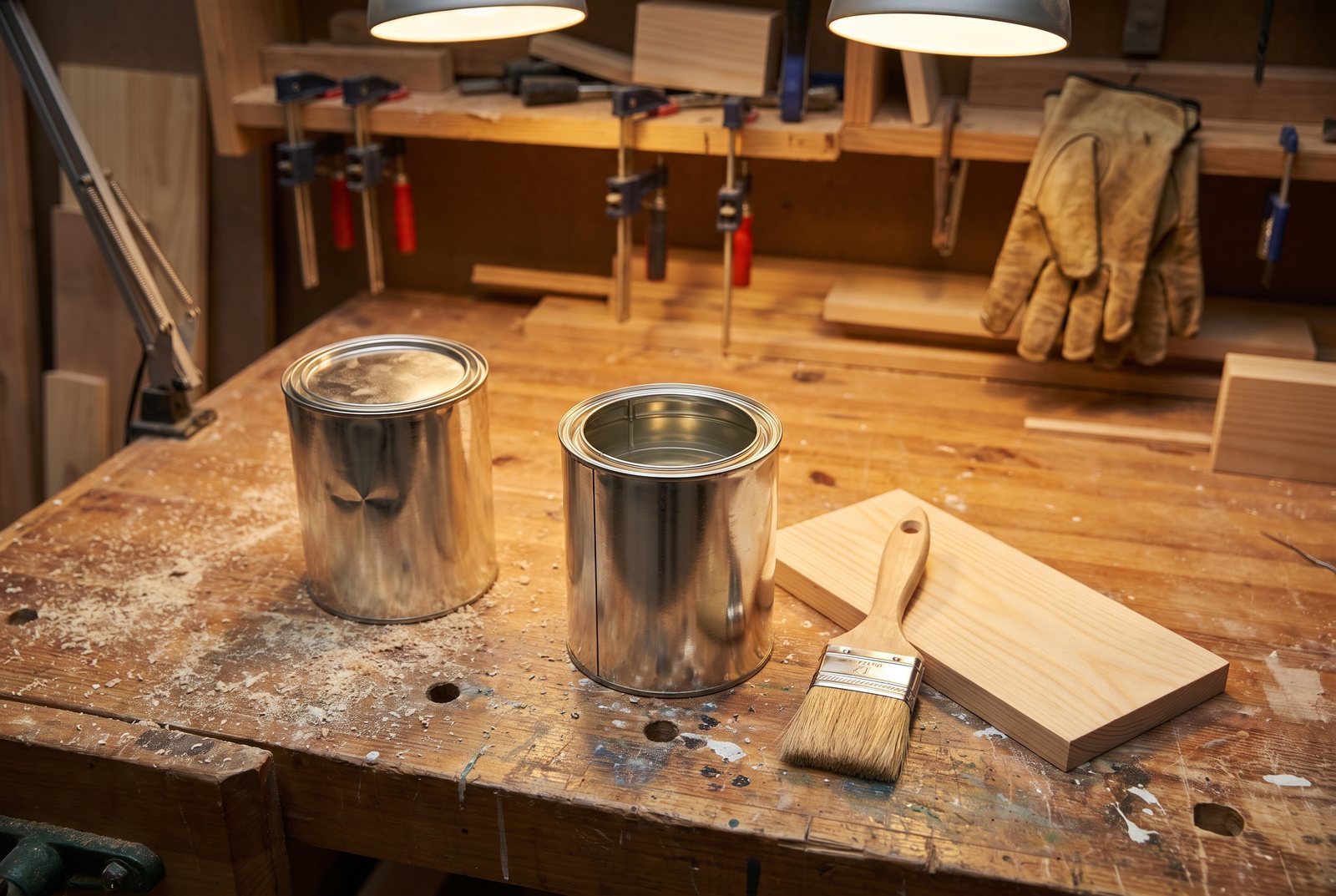 Open can of polyurethane with a brush and sanded wood piece on a workbench