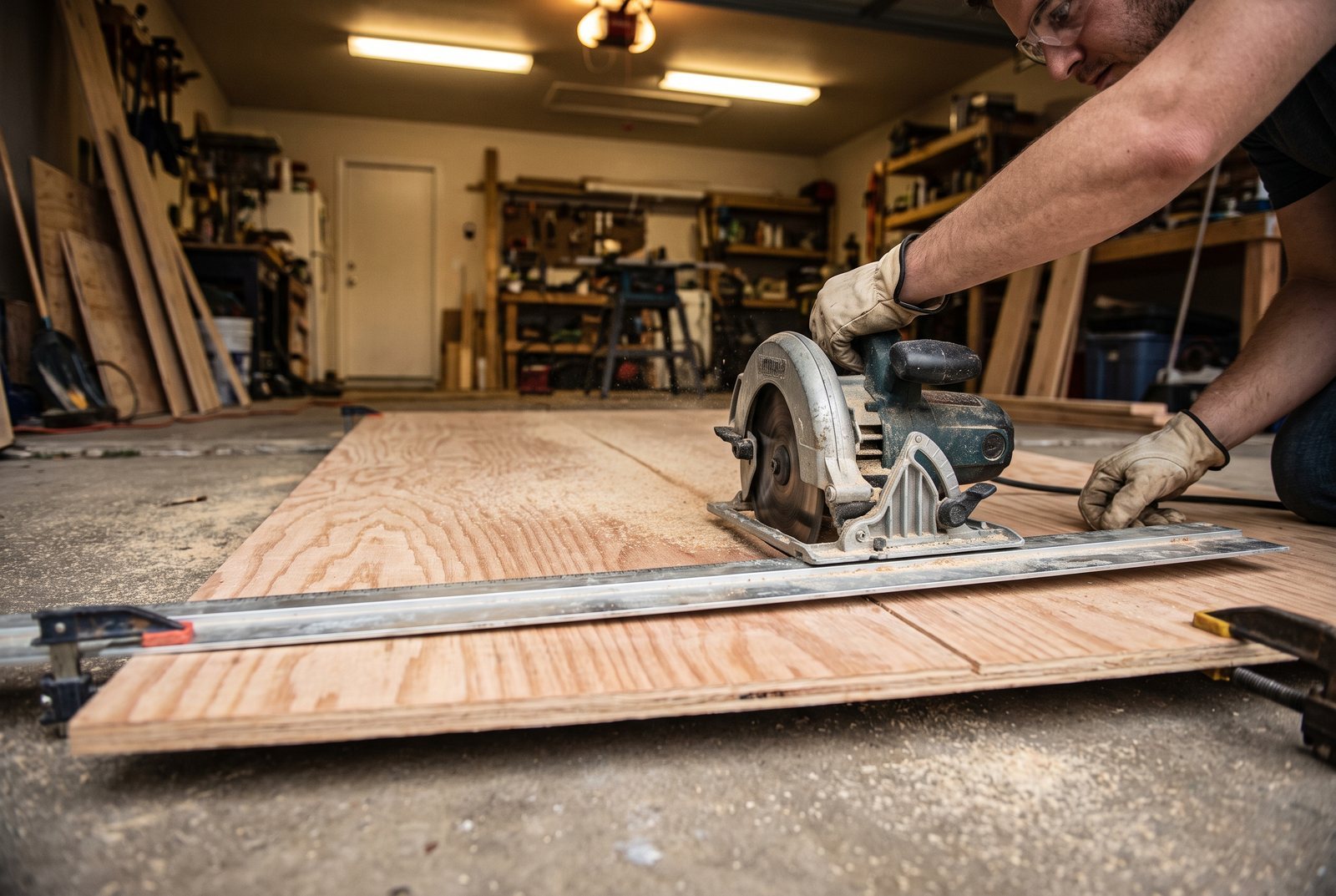 Circular saw and straight-edge guide clamped to a sheet of plywood ready for a rip cut