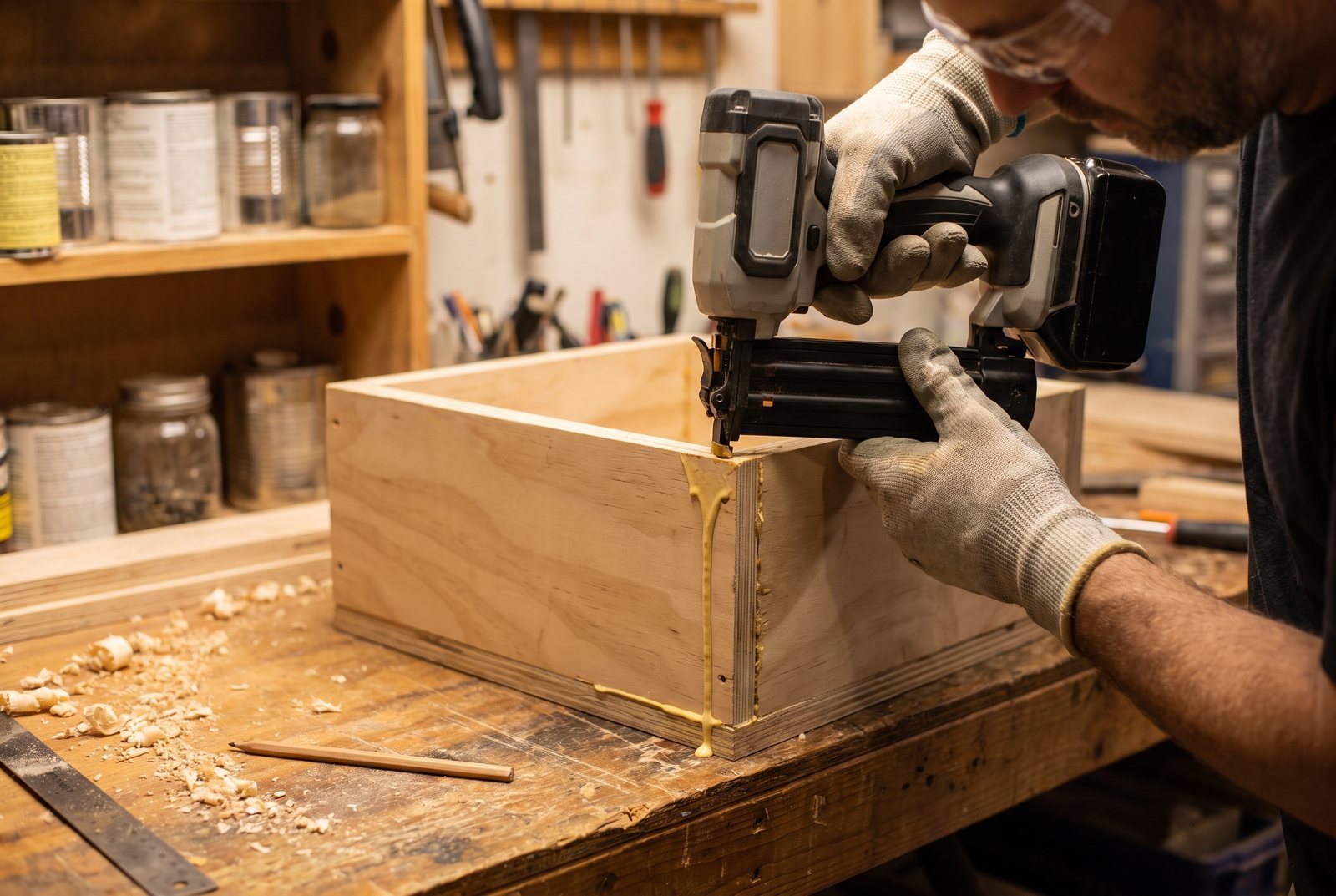 Cordless brad nailer fastening a plywood corner joint with glue squeeze-out along the seam