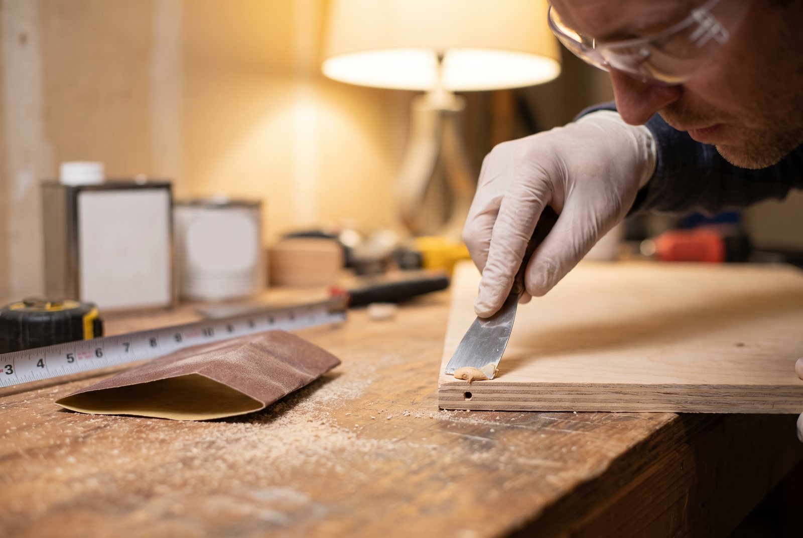 Applying wood filler to brad nail holes on a plywood cabinet face frame