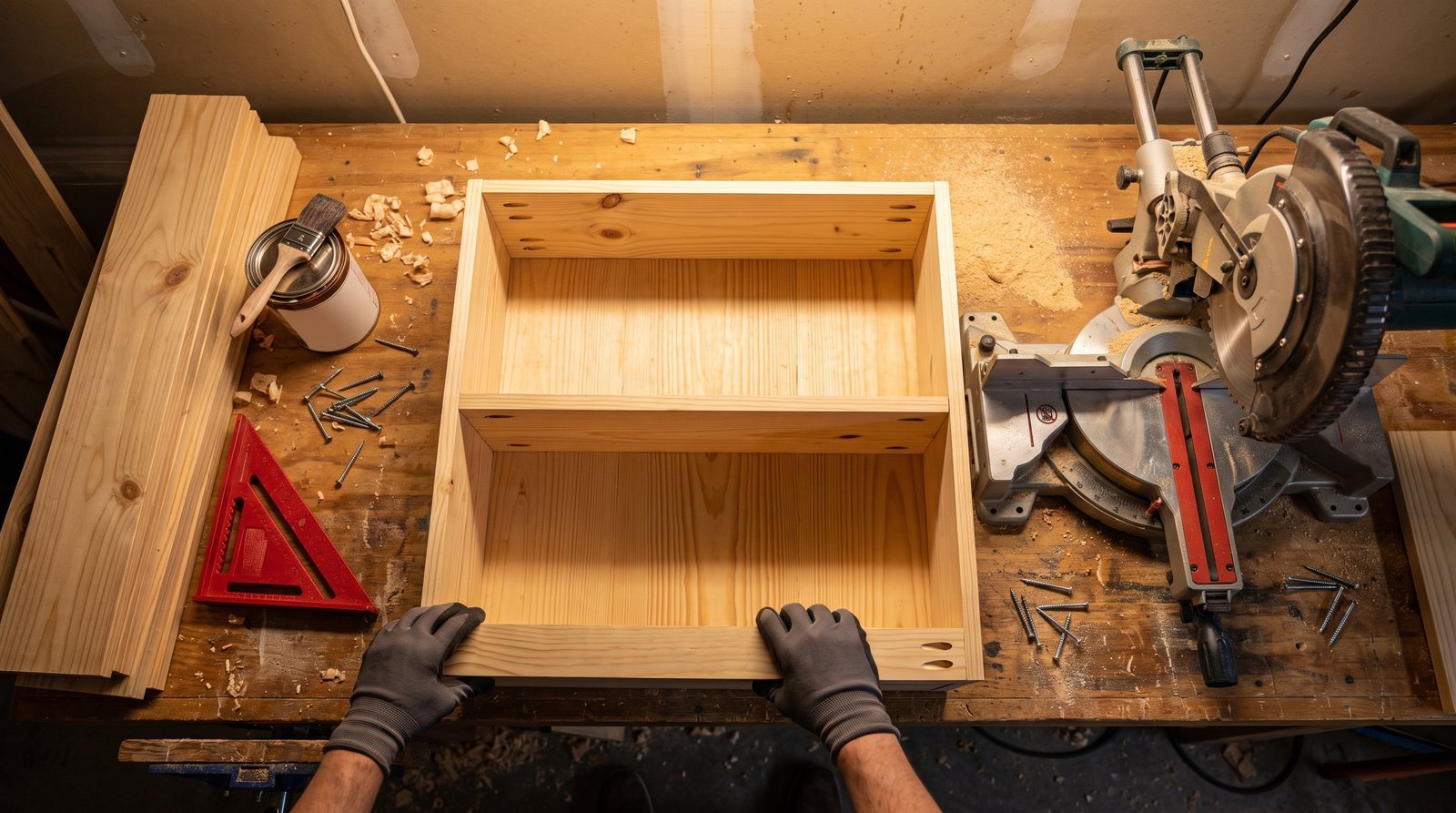 Overhead view of a garage workbench with a pine bookshelf in progress, tools, and wood stain