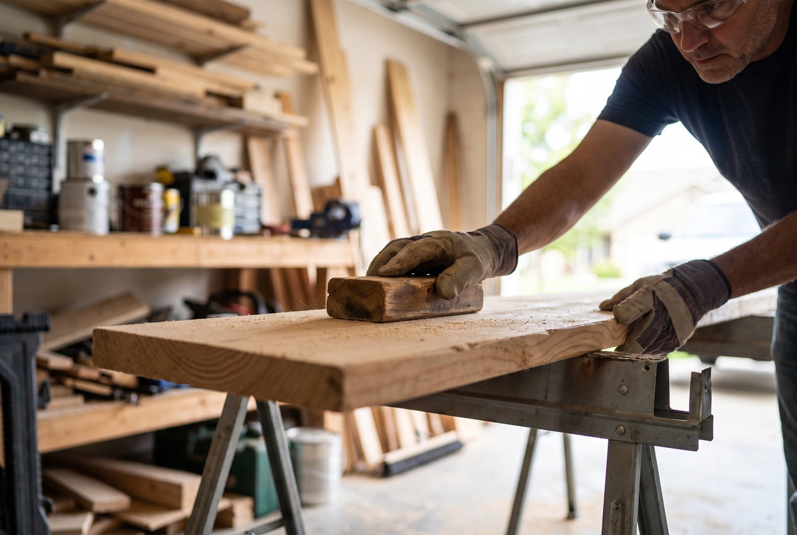 Hands sanding a pine board on sawhorses in a garage workshop