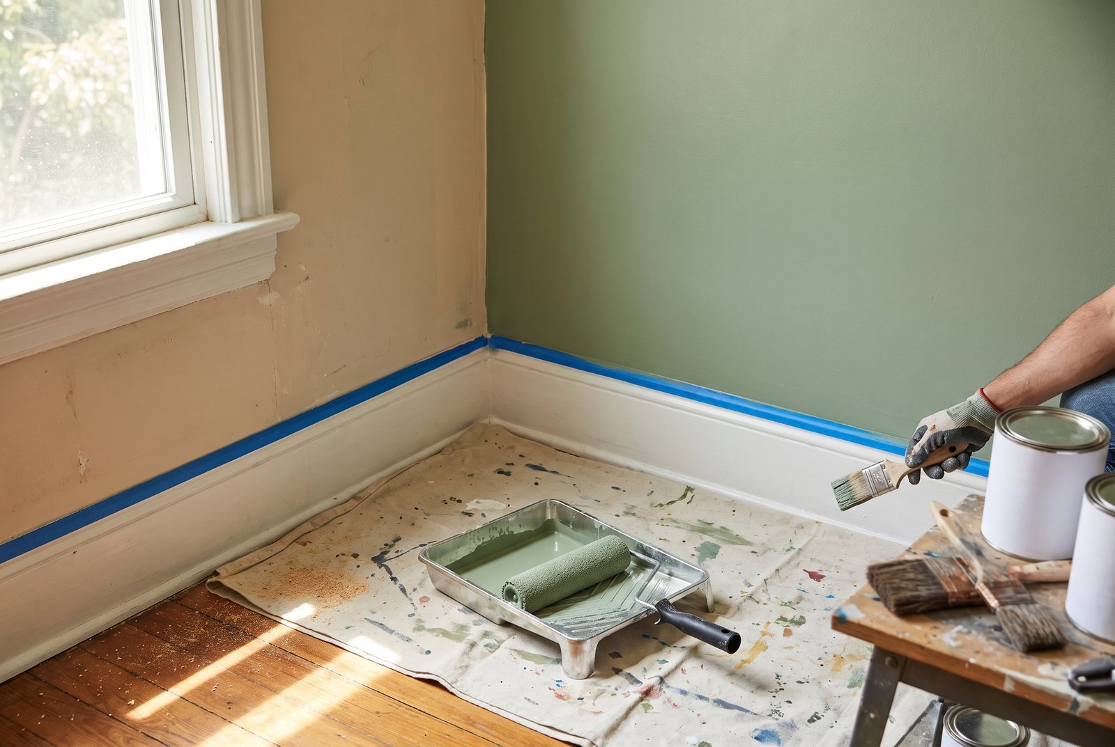 Room being painted with roller tray on drop cloth and blue tape on trim