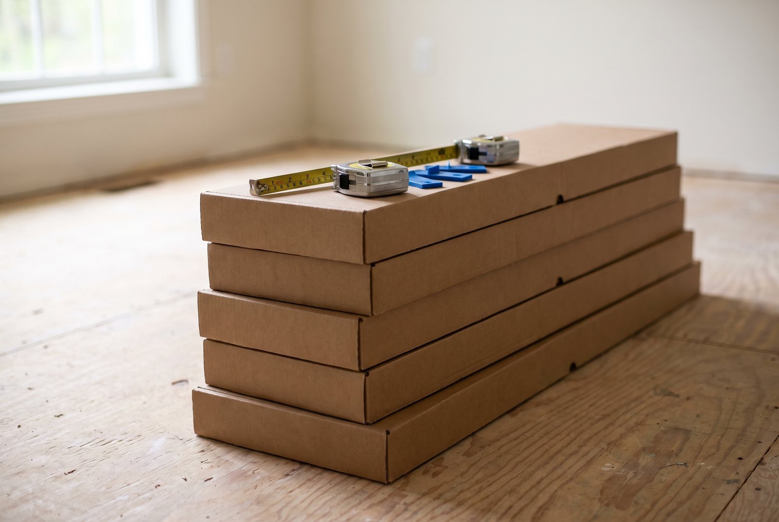 Boxes of laminate flooring acclimating in an empty room with bare subfloor