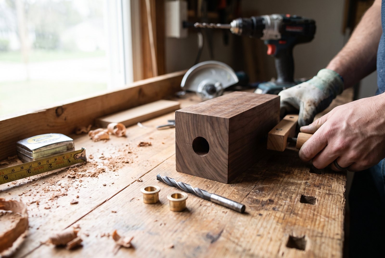 Hands using a cordless drill with a wooden guide block clamped to plywood on a workbench