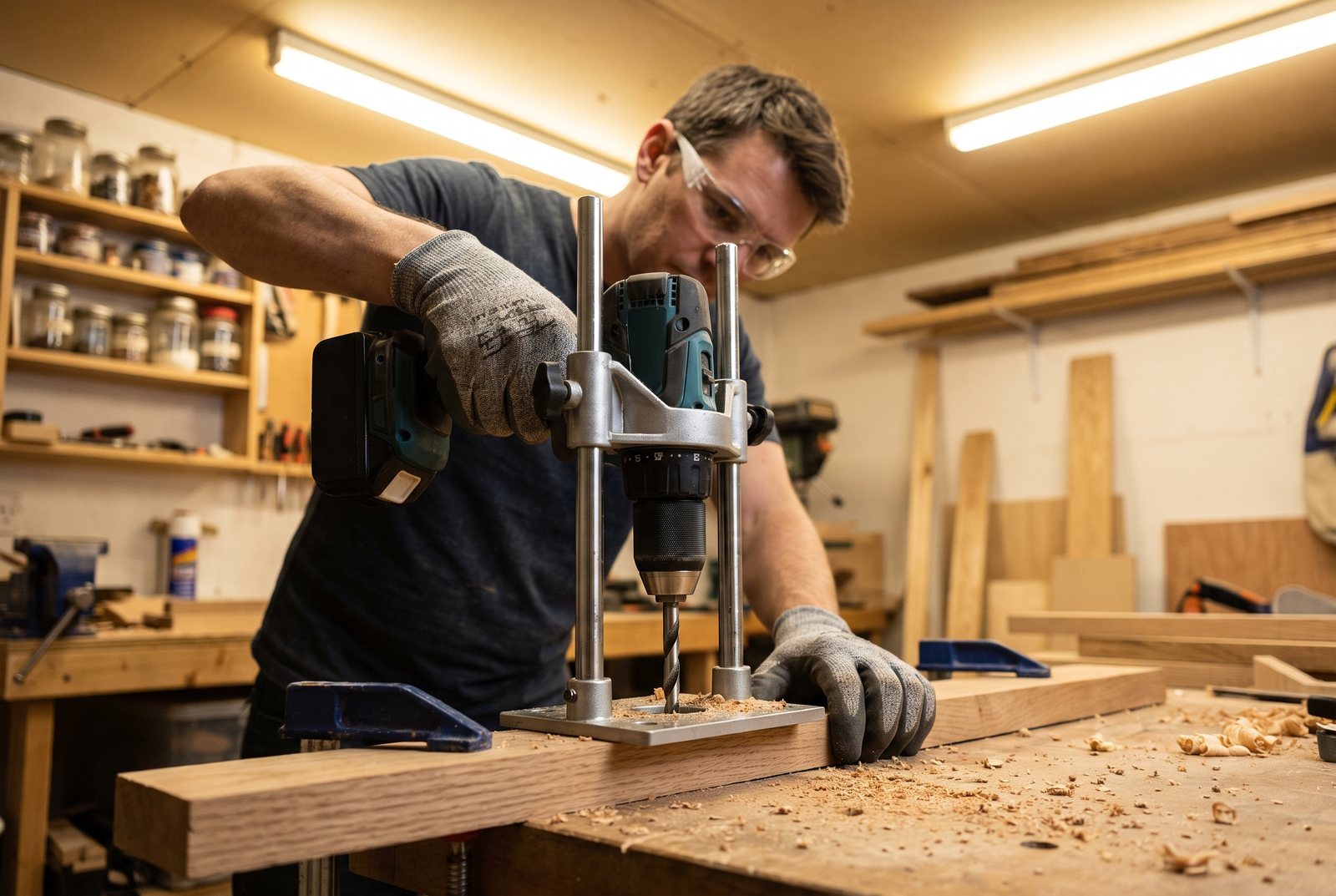 Portable drill guide attachment on a cordless drill positioned on a clamped oak board