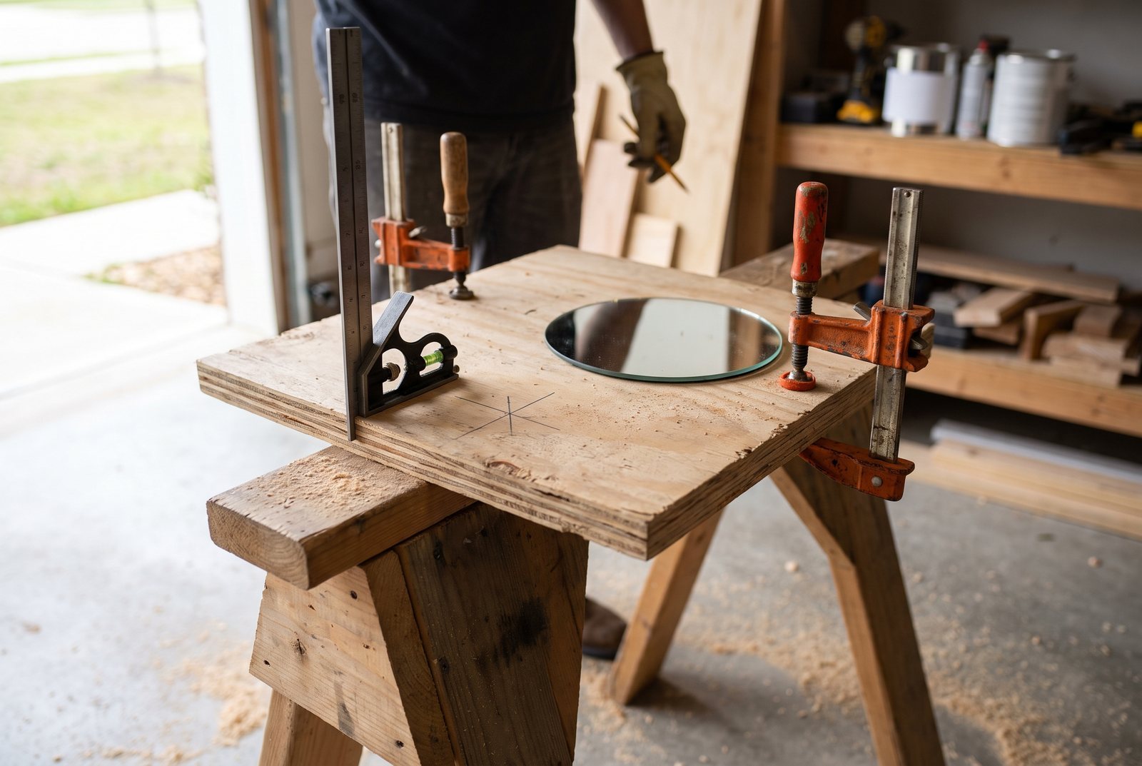 Plywood clamped to a sawhorse with a combination square and small mirror positioned for drilling alignment