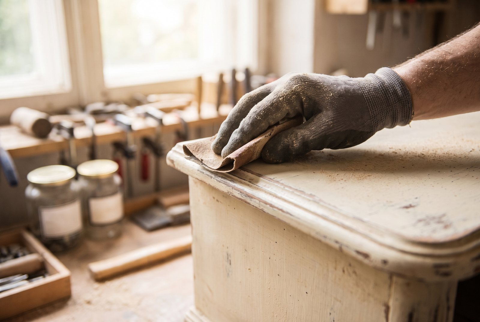 Distressed painted drawer front and smooth sanded wood panel on a workbench with sandpaper sheets