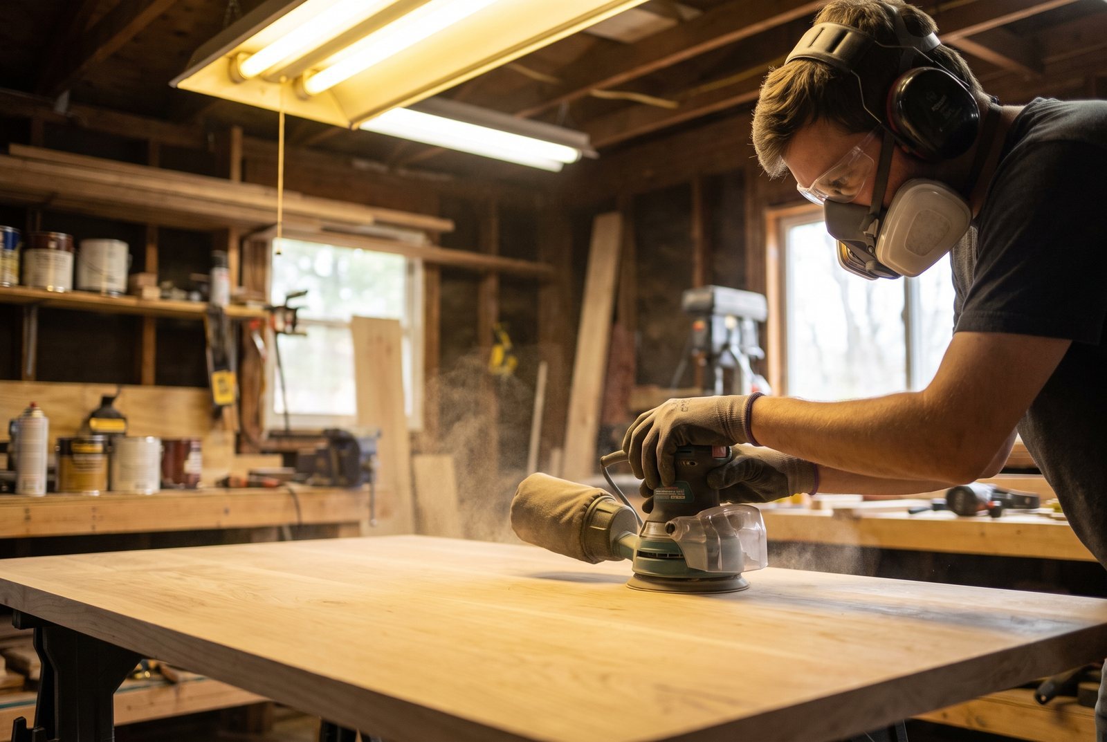 Random orbital sander being used on a bare wood tabletop