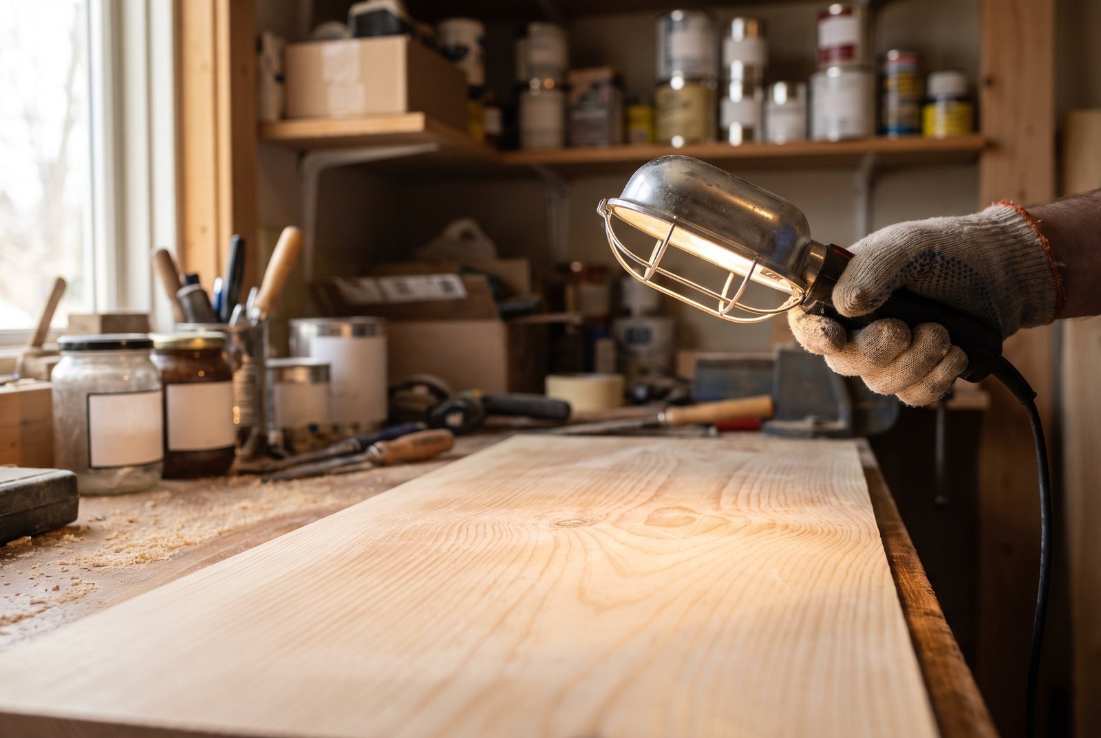 Work light held at a low angle to reveal sanding scratches on wood
