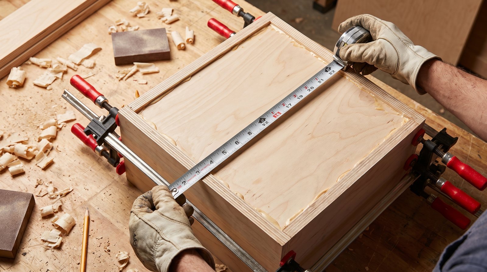 Hands measuring the diagonal of a clamped plywood cabinet box with a tape measure on a workshop bench
