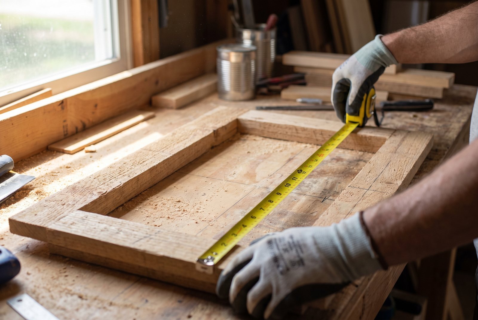 Tape measure stretched diagonally across a wooden frame on a workbench to check for square