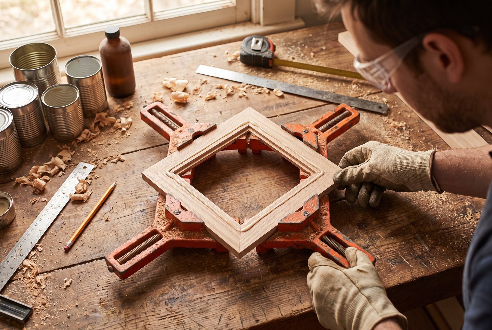 Four corner clamps holding a wooden picture frame square during glue-up