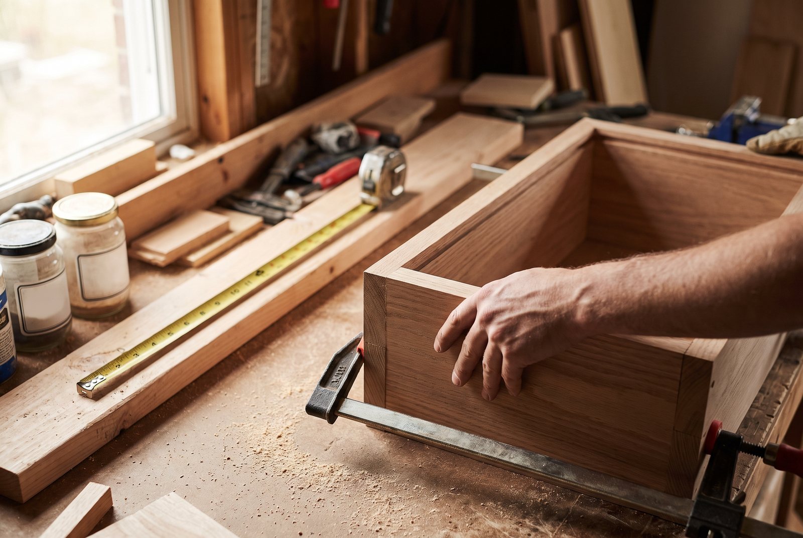 Hand pushing the corner of a clamped cabinet to adjust squareness with a tape measure in the background