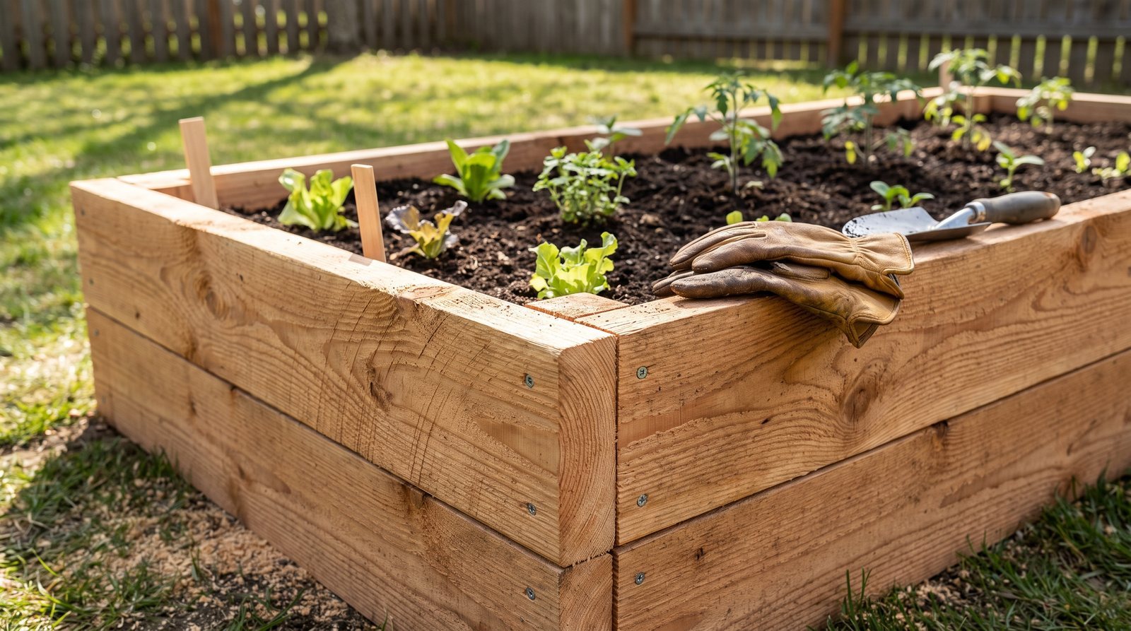 Cedar raised garden bed with vegetable seedlings in a sunny backyard