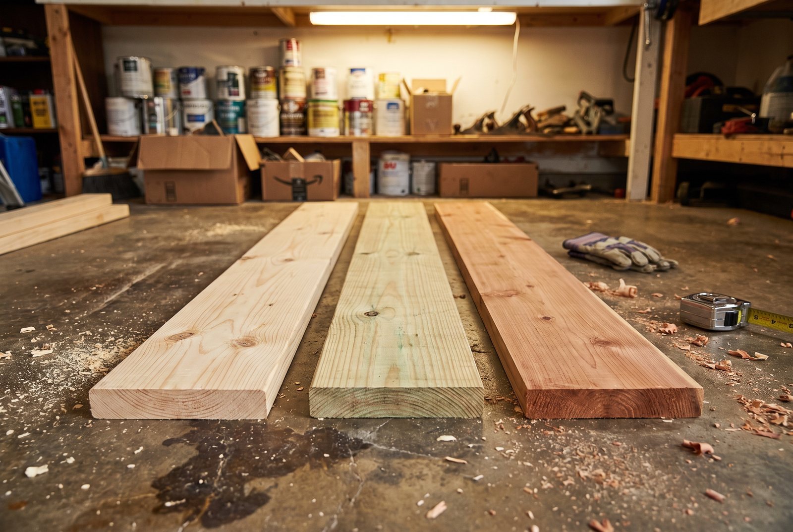 Untreated pine, pressure-treated pine, and cedar boards compared side by side