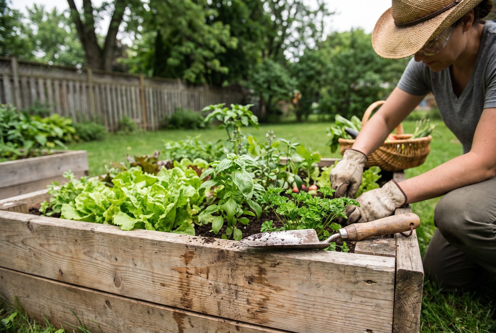 Weathered raised garden bed filled with growing lettuce and herbs