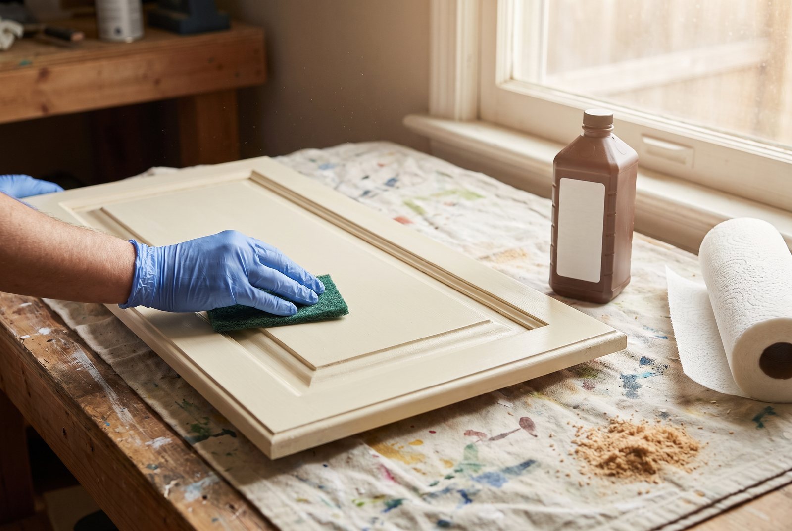 Hand in glove scrubbing a cabinet door with a scouring pad and liquid deglosser
