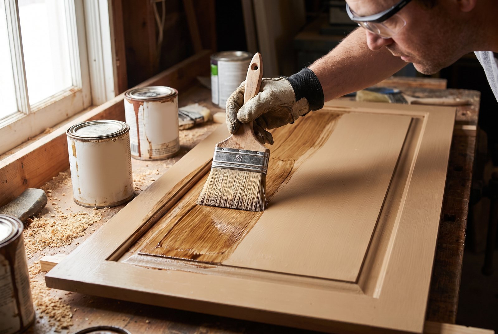 Deck staining brush dragged through wet brown glaze on a cabinet door creating wood grain lines