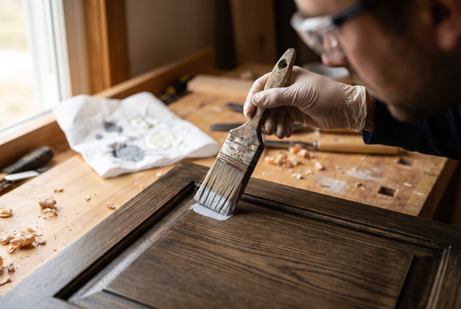 Chip brush with minimal light paint being flicked across a faux wood grain cabinet surface