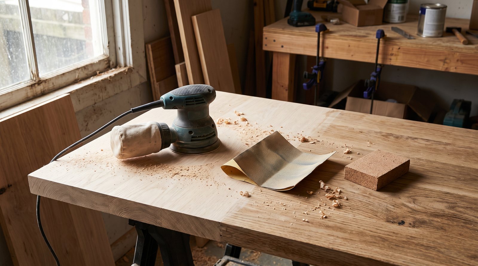 Random orbital sander and sanding block on a partially sanded oak tabletop in a workshop