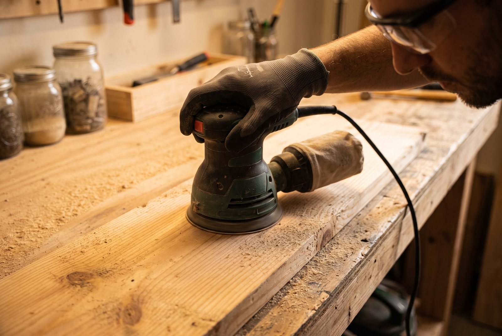Hand guiding an orbital sander across a flat wooden surface with sawdust