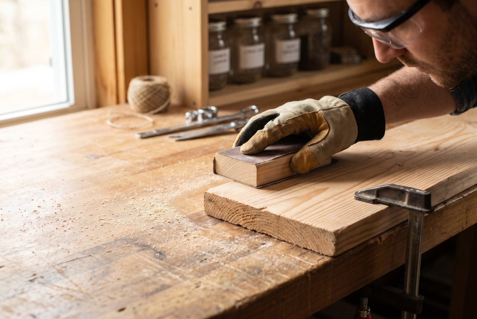 Hand sanding the edge of a pine board with a sanding block on a workbench