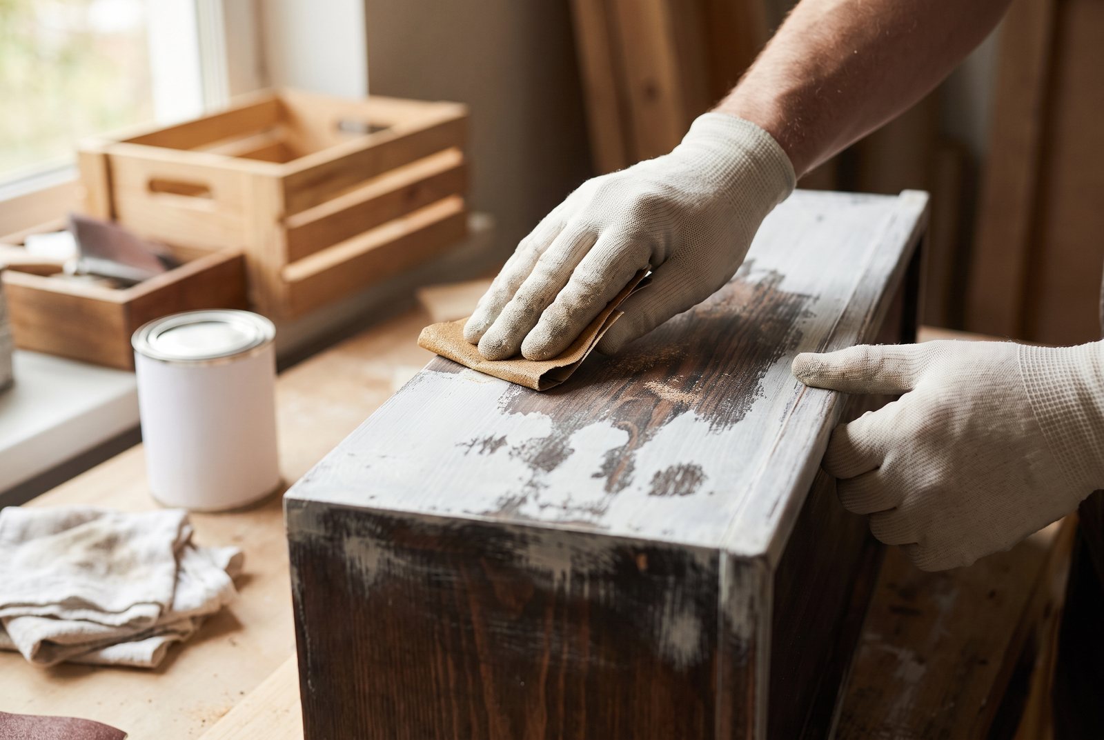 Hand sanding through white paint on a wooden drawer front to create a distressed look