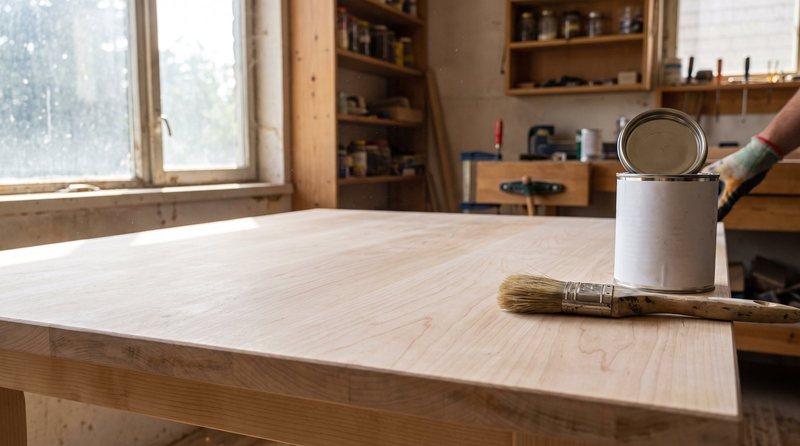 Freshly sanded light maple tabletop in a workshop with a brush and open can of clear finish