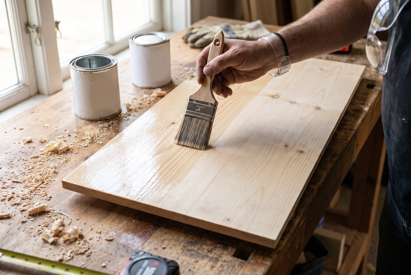 Hand applying water-based polyurethane with a synthetic brush onto light pine wood