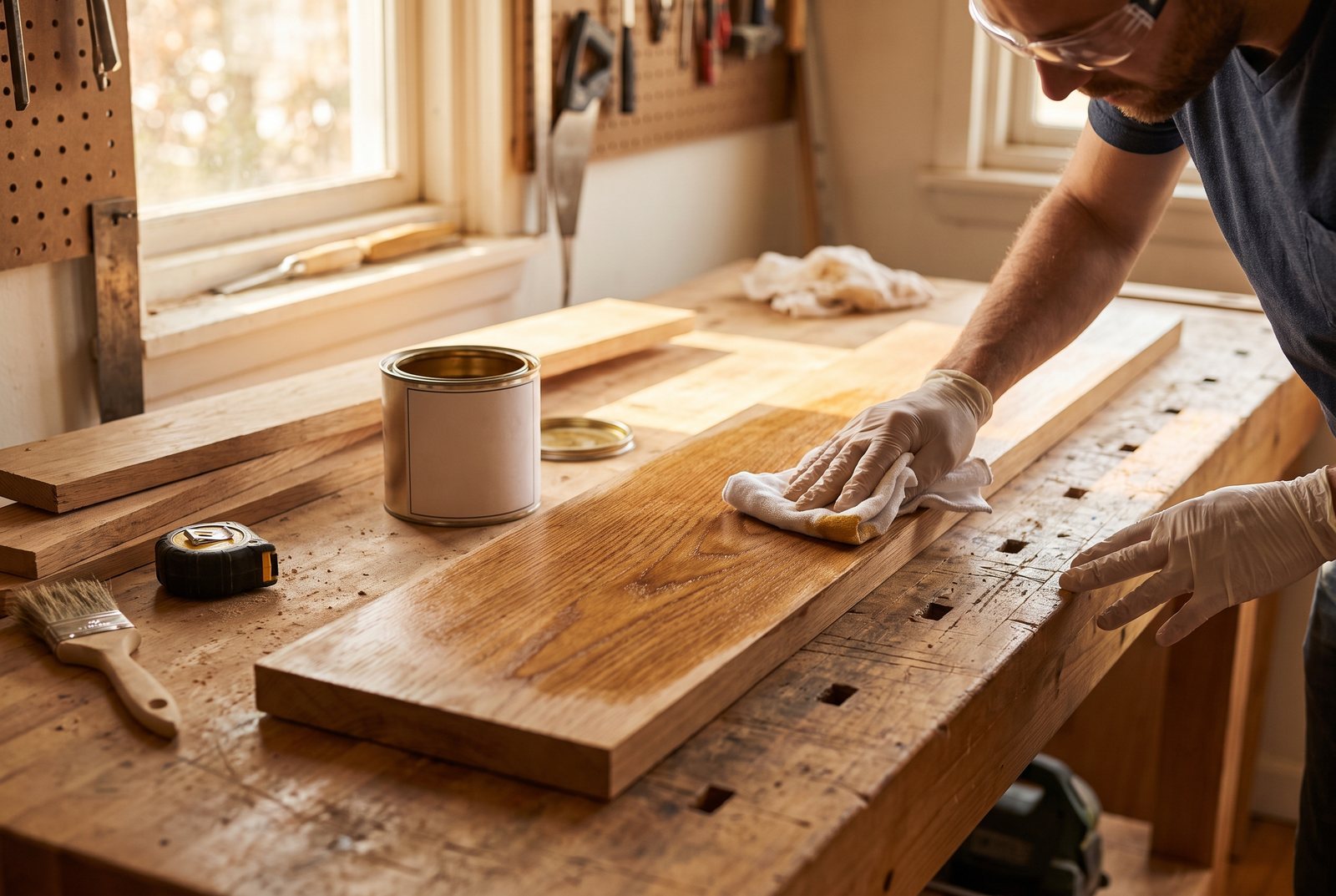Wiping excess hardwax oil from a white oak board with a lint-free cloth