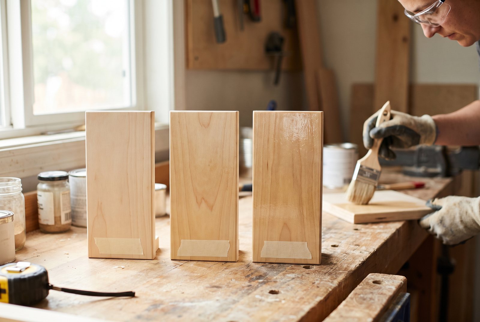 Three birch wood sample boards with different clear finishes showing subtle sheen differences