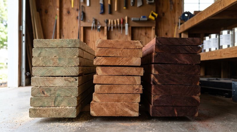 Three types of outdoor lumber standing side by side showing color differences between pressure-treated pine, cedar, and redwood.