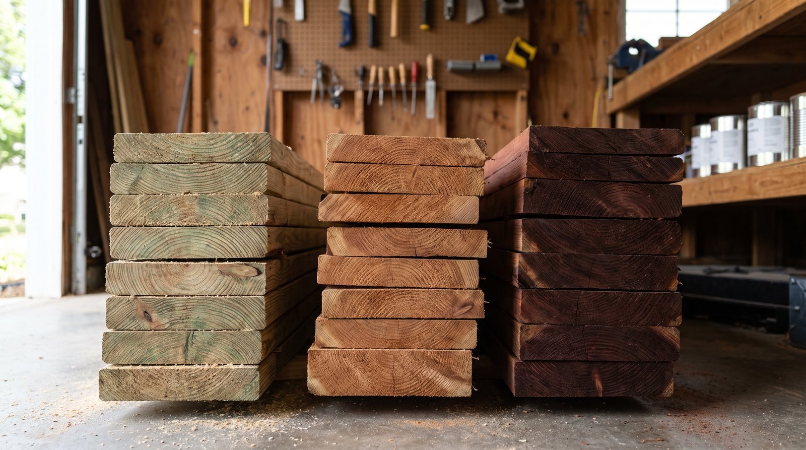 Three types of outdoor lumber standing side by side showing color differences between pressure-treated pine, cedar, and redwood.