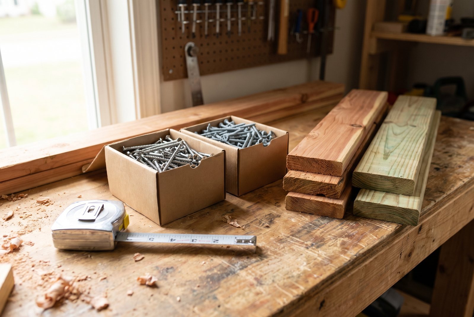 Stainless steel and galvanized screws laid out on a workbench next to cedar and pressure-treated pine boards.