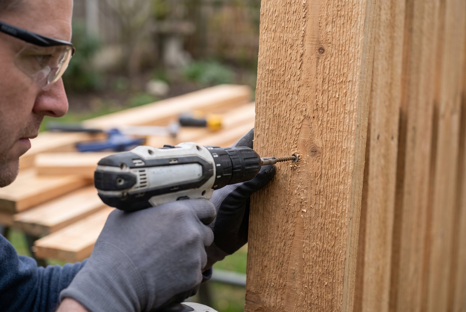 A cordless drill driving a screw flush into a cedar fence picket outdoors.
