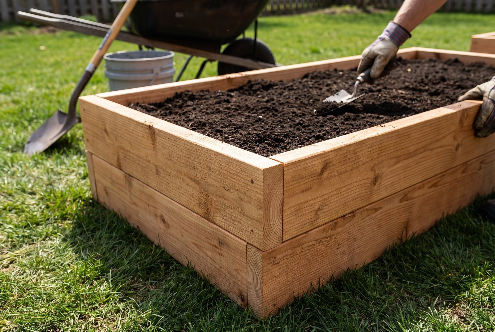 A new cedar raised garden bed filled with soil in a sunny backyard.