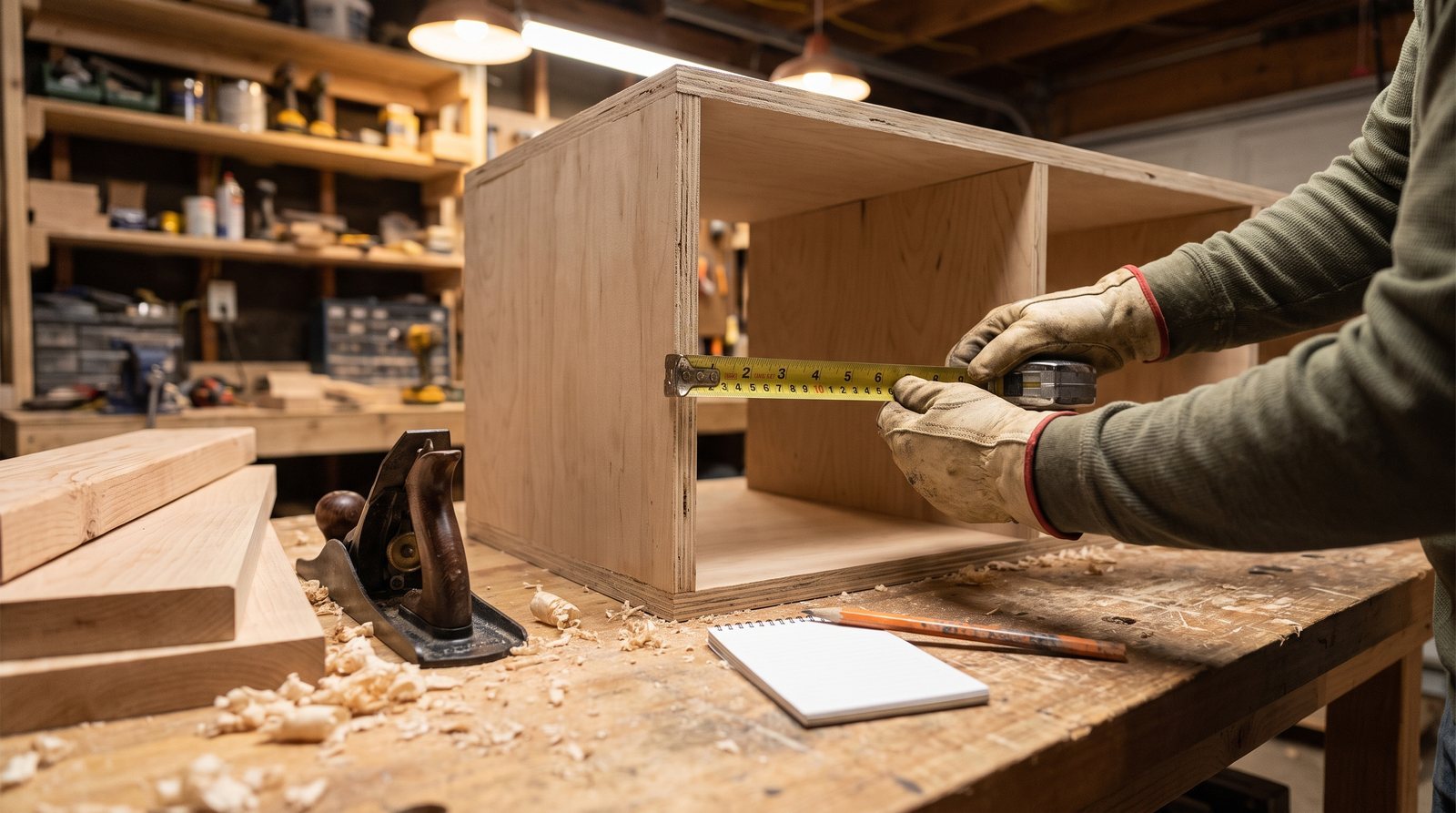 Hands measuring a plywood bookcase frame with a tape measure on a workshop bench