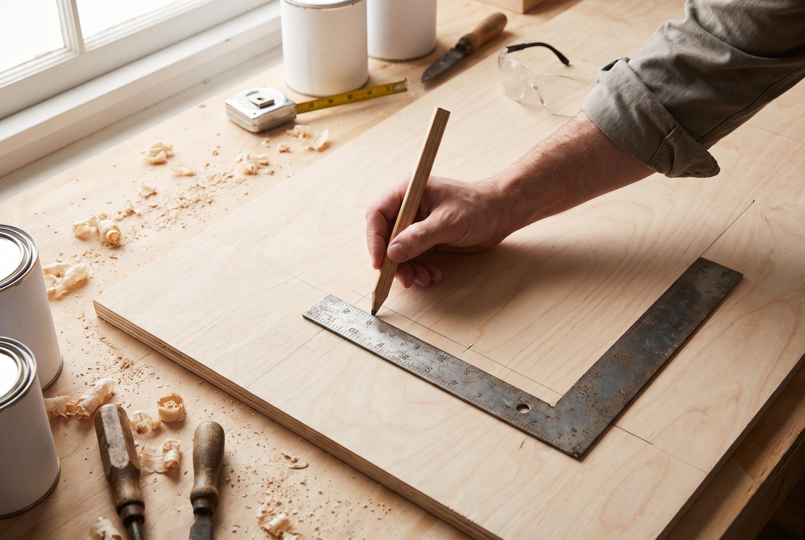 Hand marking dimensions on plywood with a carpenter's pencil and framing square