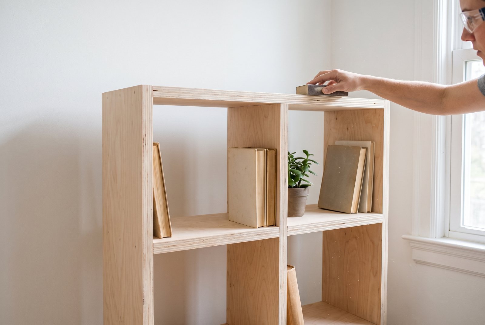 Plywood bookshelf with a center divider holding books in a bright room